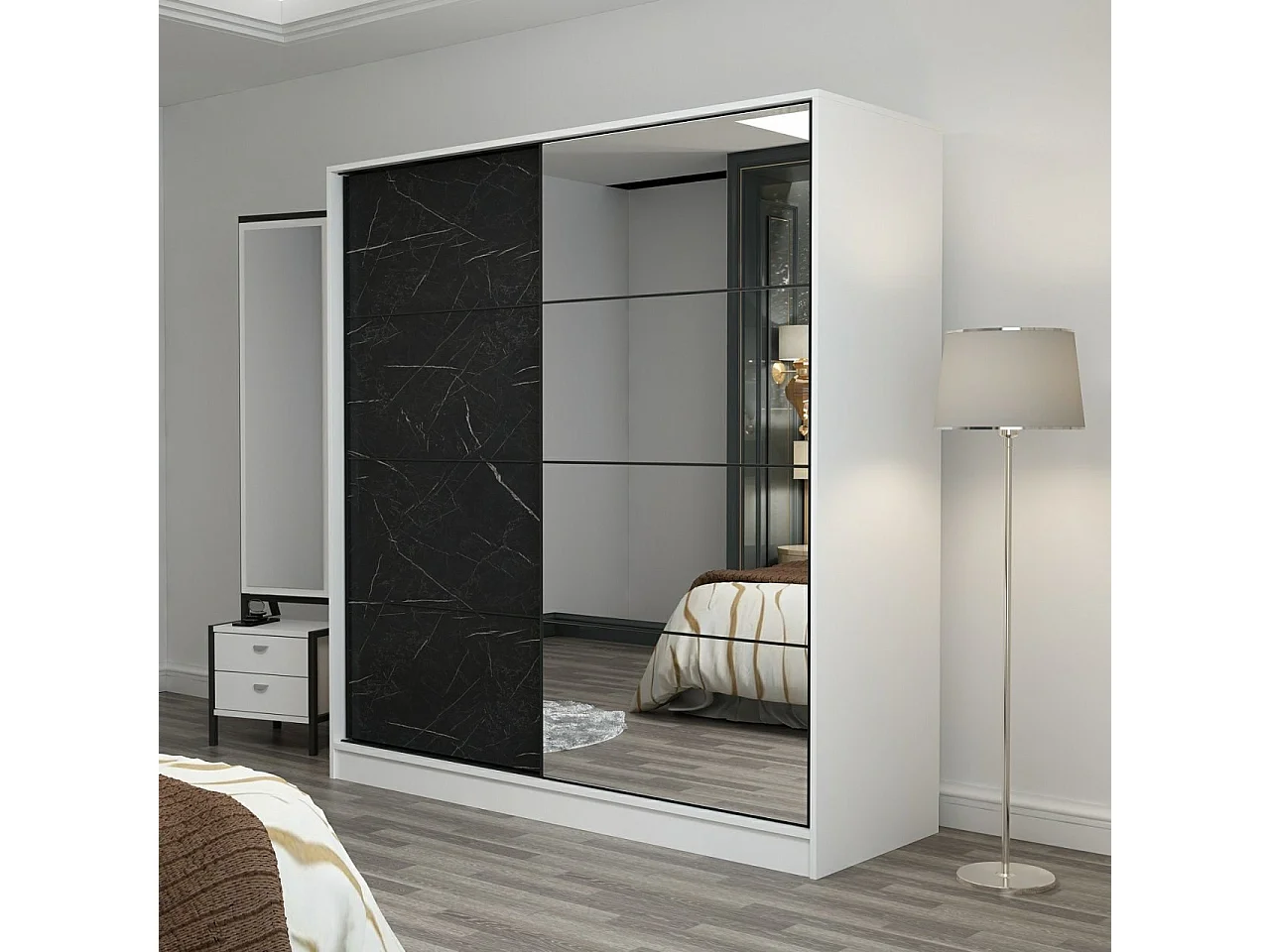 Dressing Carina Blanc L180xH190cm avec 2 portes coulissantes Miroir à droite et Effet marbre Noir