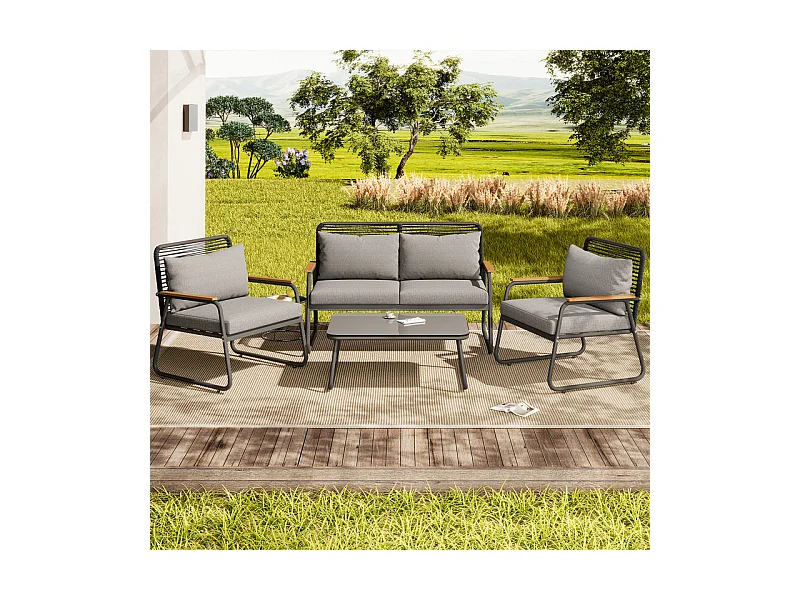 Salon de jardin 4 personnes: Canapé 2 places, 2 fauteuils et 1 table basse - avec un cadre en fer galvanisé - pieds réglables