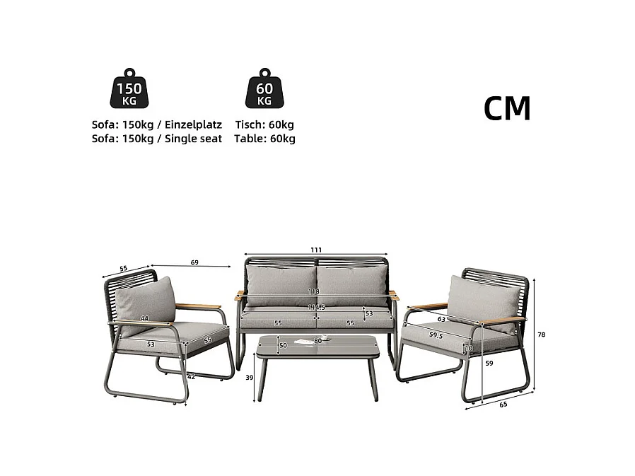 Salon de jardin 4 personnes: Canapé 2 places, 2 fauteuils et 1 table basse - avec un cadre en fer galvanisé - pieds réglables