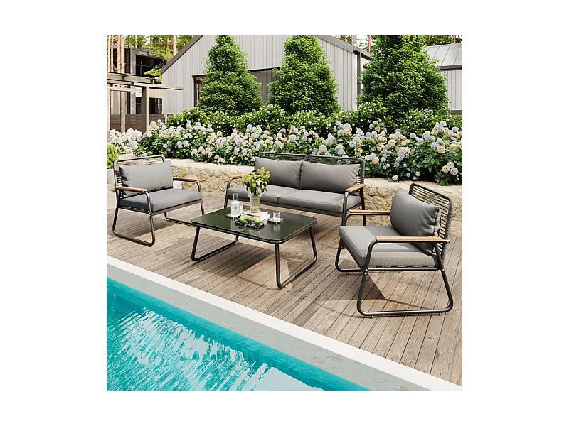 Salon de jardin 4 personnes: Canapé 2 places, 2 fauteuils et 1 table basse - avec un cadre en fer galvanisé - pieds réglables