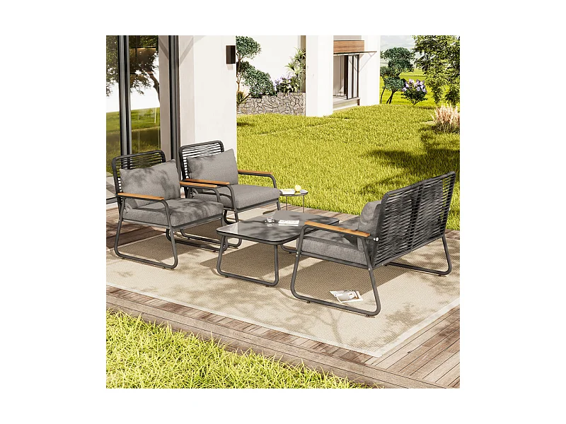 Salon de jardin 4 personnes: Canapé 2 places, 2 fauteuils et 1 table basse - avec un cadre en fer galvanisé - pieds réglables