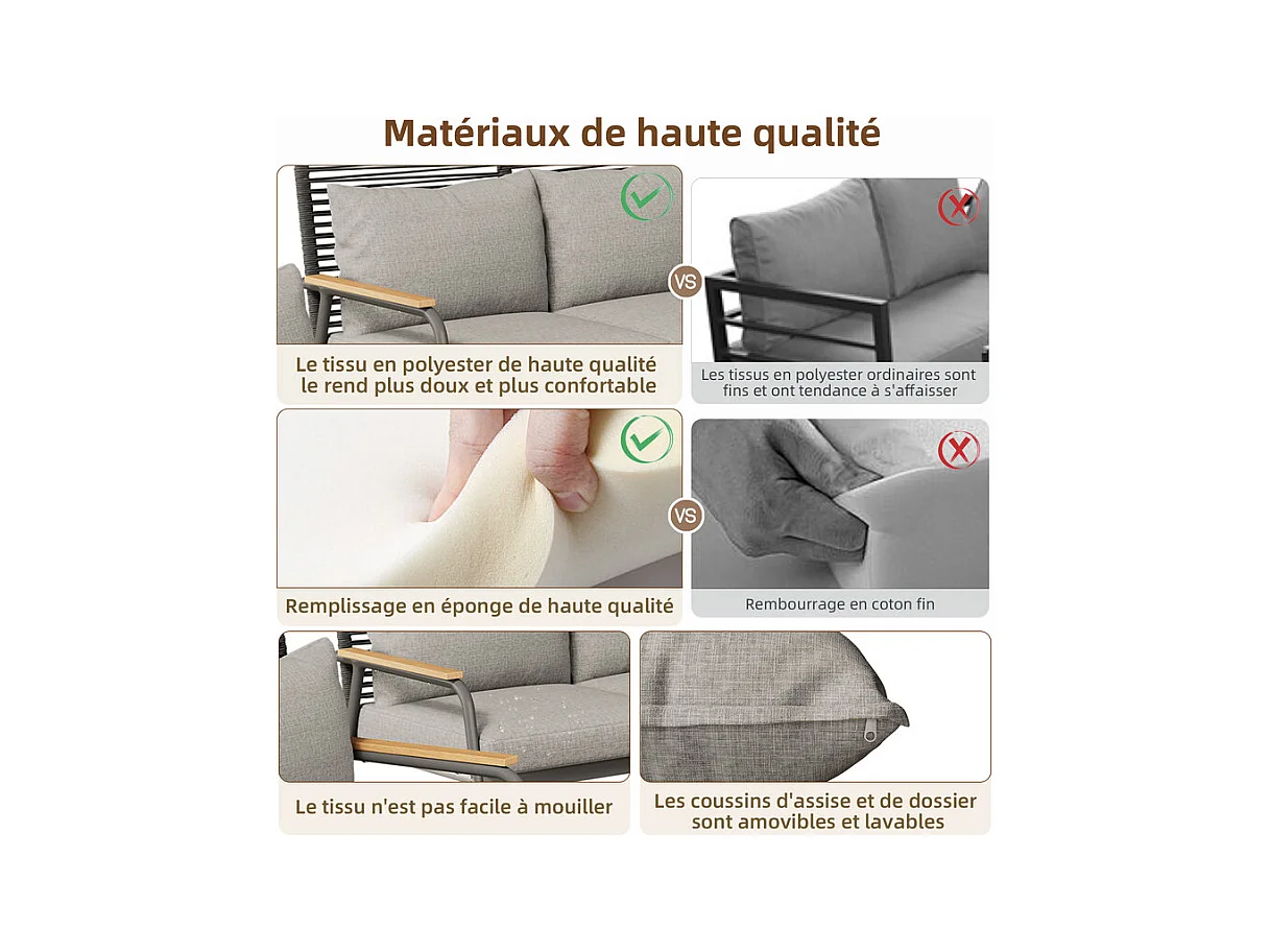 Salon de jardin 4 personnes: Canapé 2 places, 2 fauteuils et 1 table basse - avec un cadre en fer galvanisé - pieds réglables