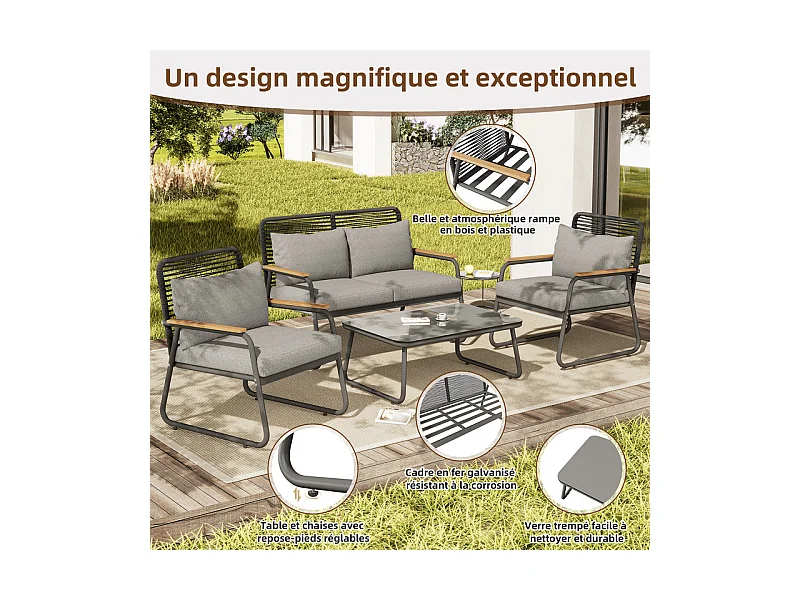 Salon de jardin 4 personnes: Canapé 2 places, 2 fauteuils et 1 table basse - avec un cadre en fer galvanisé - pieds réglables