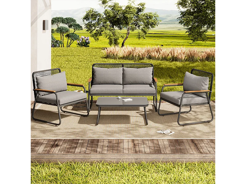 Salon de jardin 4 personnes: Canapé 2 places, 2 fauteuils et 1 table basse - avec un cadre en fer galvanisé - pieds réglables