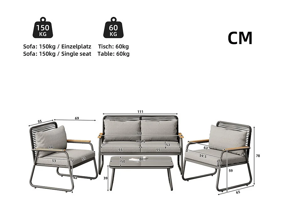 Salon de jardin 4 personnes: Canapé 2 places, 2 fauteuils et 1 table basse - avec un cadre en fer galvanisé - pieds réglables