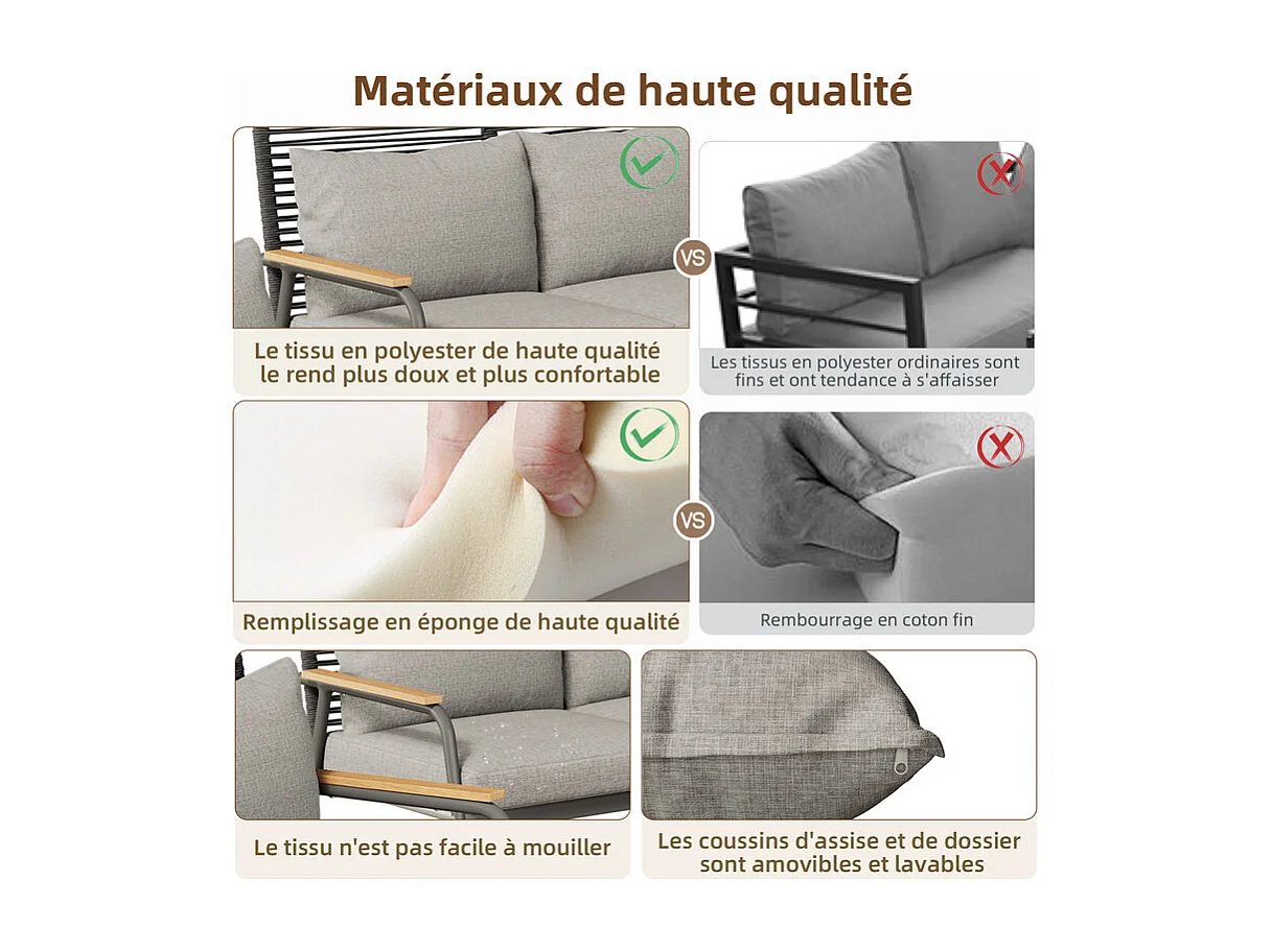 Salon de jardin 4 personnes: Canapé 2 places, 2 fauteuils et 1 table basse - avec un cadre en fer galvanisé - pieds réglables