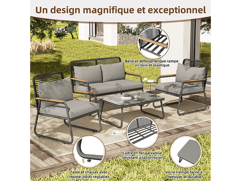 Salon de jardin 4 personnes: Canapé 2 places, 2 fauteuils et 1 table basse - avec un cadre en fer galvanisé - pieds réglables