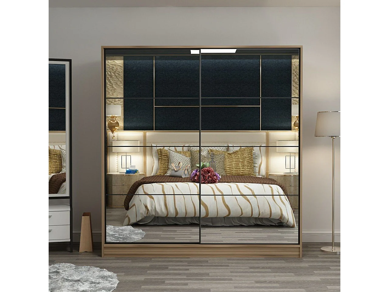 Dressing Carina bois clair L220xH210cm avec 2 portes coulissantes Miroir