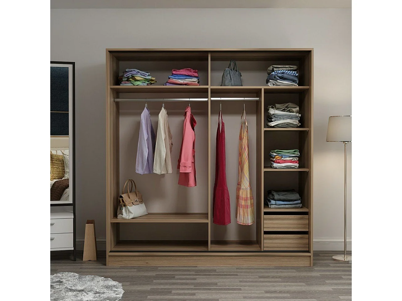 Dressing Carina bois clair L220xH210cm avec 2 portes coulissantes Miroir