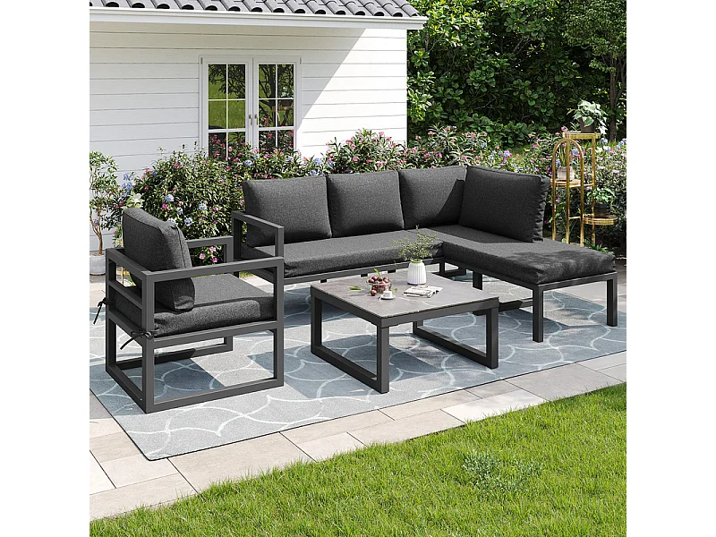 Salotto da giardino in ferro zincato - divano angolare e tavolino in vetro temperato - gambe regolabili, con cuscini grigi