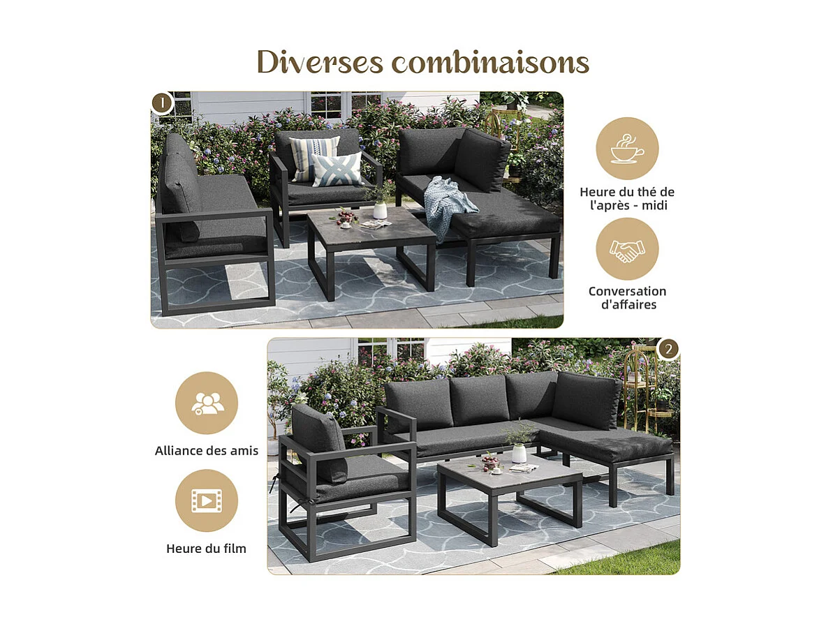 Salotto da giardino in ferro zincato - divano angolare e tavolino in vetro temperato - gambe regolabili, con cuscini grigi