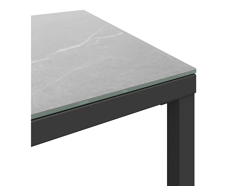 Salon de jardin en fer galvanisé - canapé d'angle et table basse en verre durci - pieds réglables, avec coussins gris