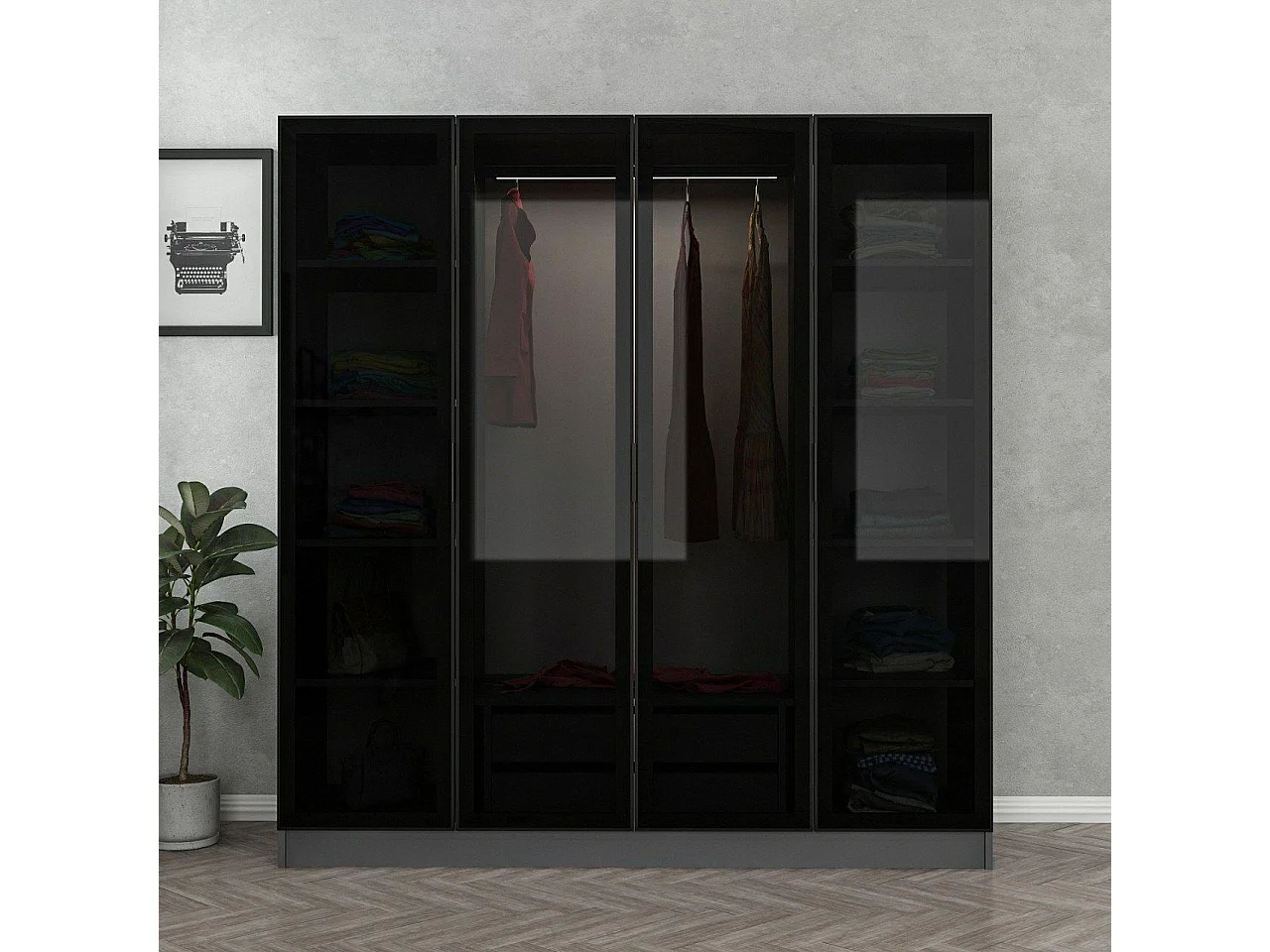 Dressing 4 portes Verre fumé Noir Antipaxos L180xH190cm 1 tringle et 2 tiroirs Anthracite