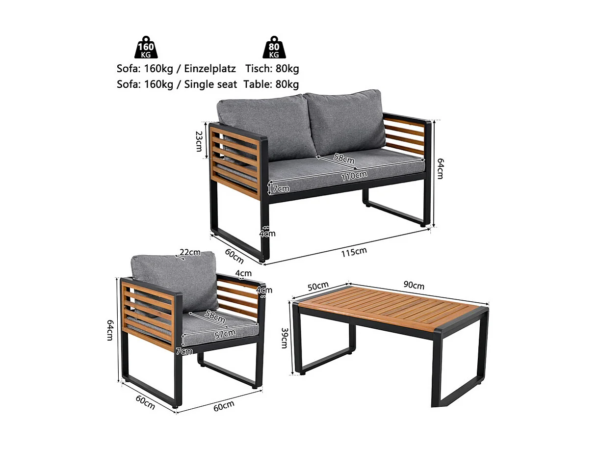 Set van 4 tuinbanken: 2-zits bank, salontafel en 2 fauteuils - verstelbare poten - Grijs