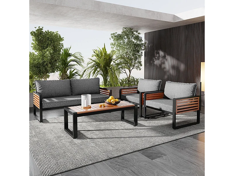 Set van 4 tuinbanken: 2-zits bank, salontafel en 2 fauteuils - verstelbare poten - Grijs