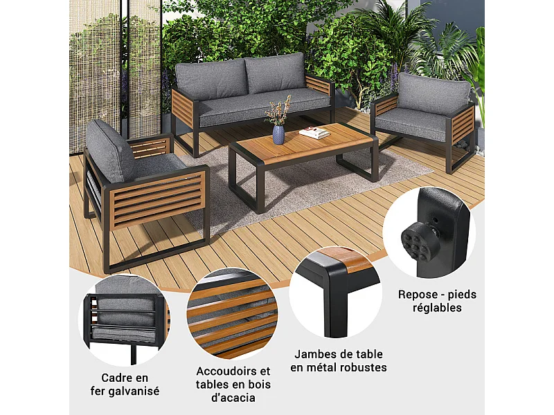 Set van 4 tuinbanken: 2-zits bank, salontafel en 2 fauteuils - verstelbare poten - Grijs