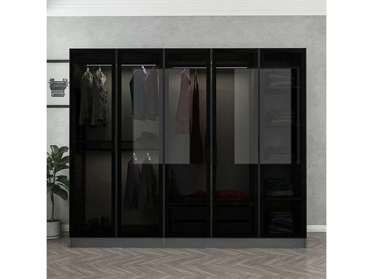 Dressing 5 portes Verre fumé Noir Antipaxos L225xH190cm 3 tringles et 2 tiroirs Anthracite