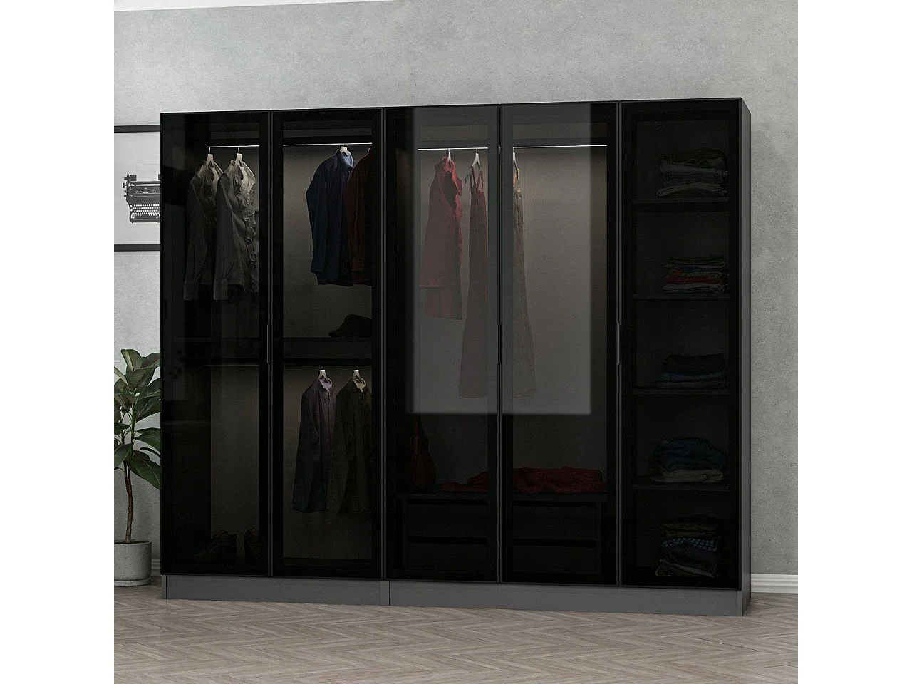 Dressing 5 portes Verre fumé Noir Antipaxos L225xH190cm 3 tringles et 2 tiroirs Anthracite