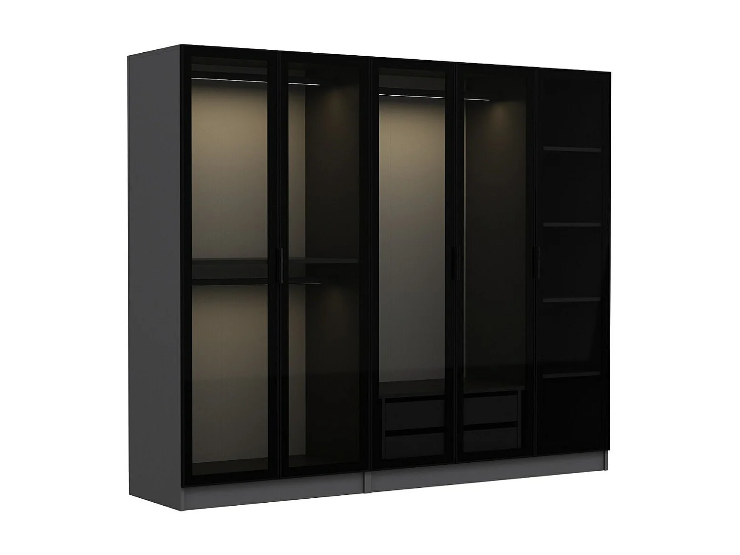 Dressing 5 portes Verre fumé Noir Antipaxos L225xH190cm 3 tringles et 2 tiroirs Anthracite