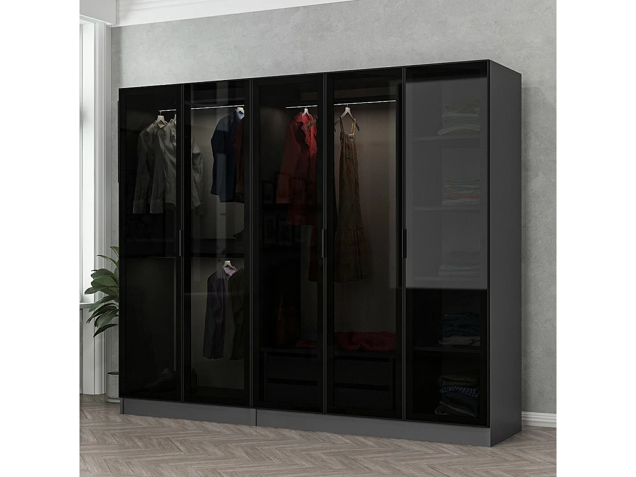 Dressing 5 portes Verre fumé Noir Antipaxos L225xH190cm 3 tringles et 2 tiroirs Anthracite