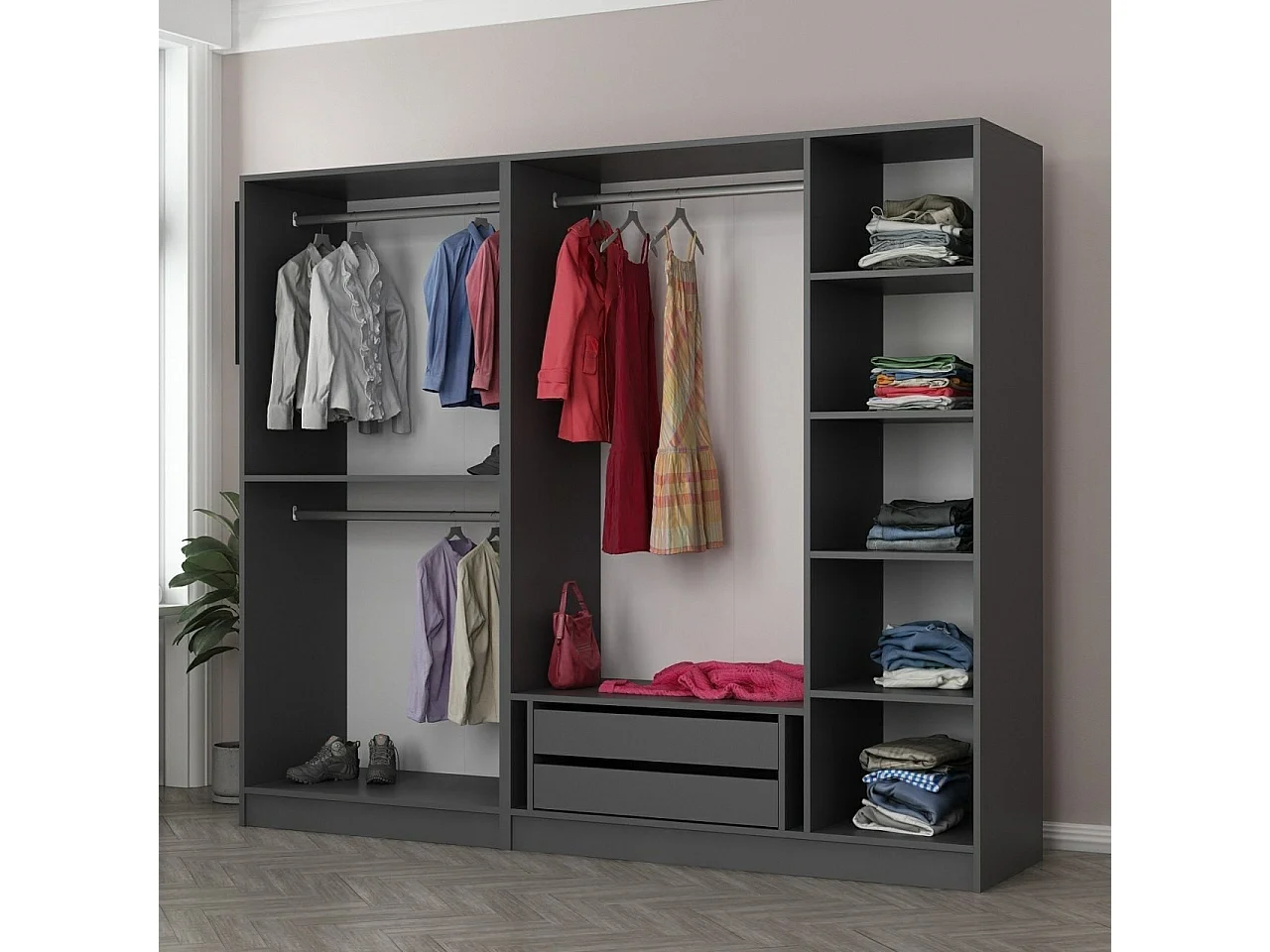 Dressing 5 portes Verre fumé Noir Antipaxos L225xH190cm 3 tringles et 2 tiroirs Anthracite