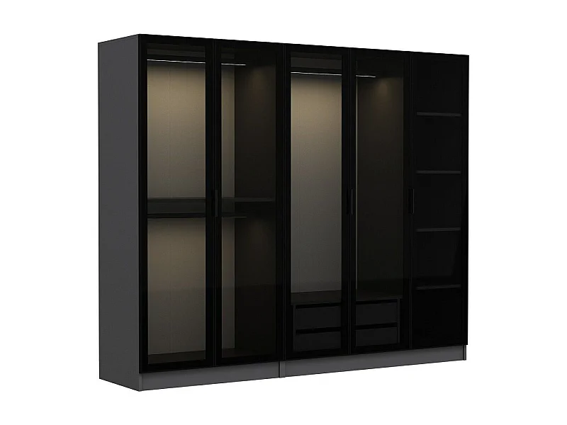 Dressing 5 portes Verre fumé Noir Antipaxos L225xH190cm 3 tringles et 2 tiroirs Anthracite