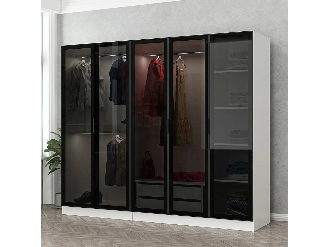 Dressing 5 portes Verre fumé Noir Antipaxos L225xH190cm 3 tringles et 2 tiroirs Blanc