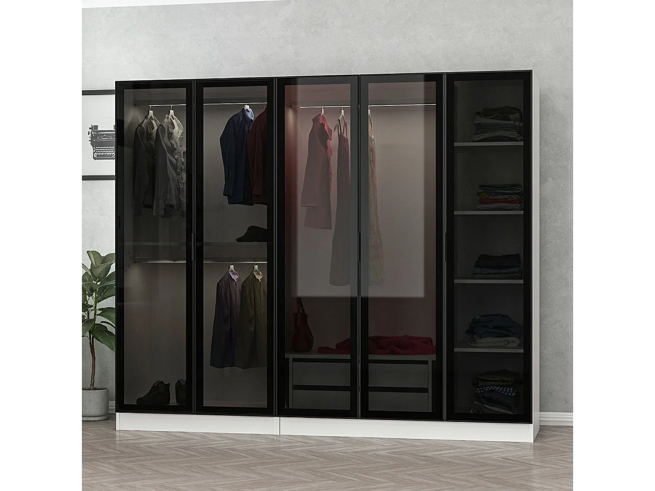 Dressing 5 portes Verre fumé Noir Antipaxos L225xH190cm 3 tringles et 2 tiroirs Blanc