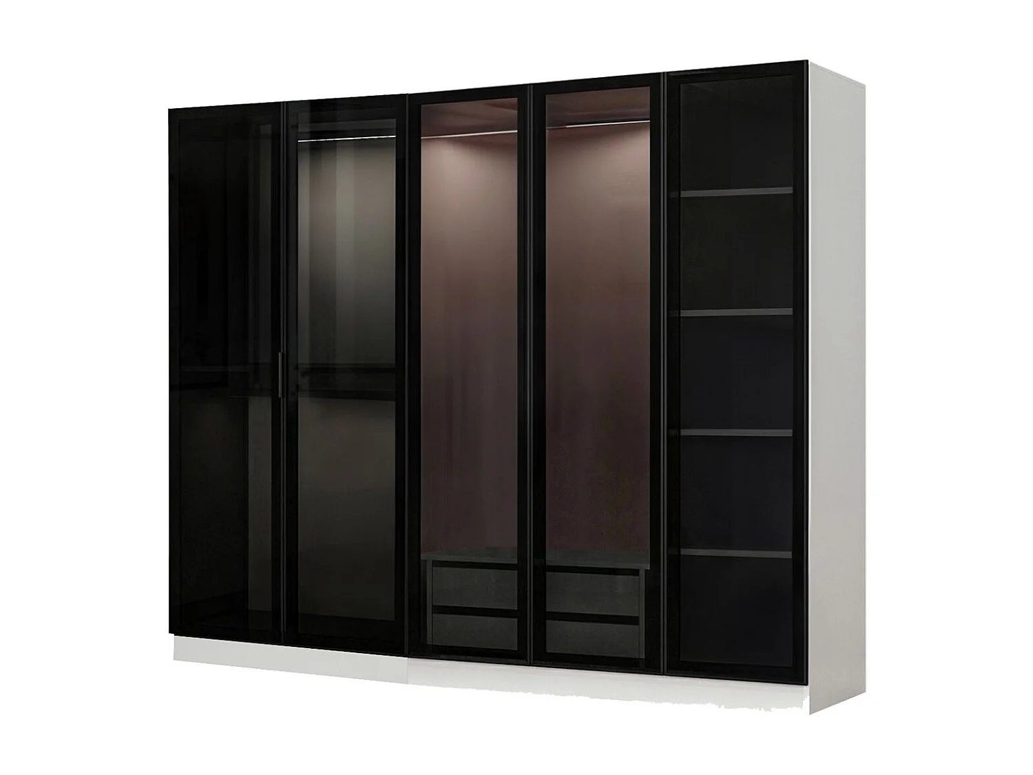 Dressing 5 portes Verre fumé Noir Antipaxos L225xH190cm 3 tringles et 2 tiroirs Blanc