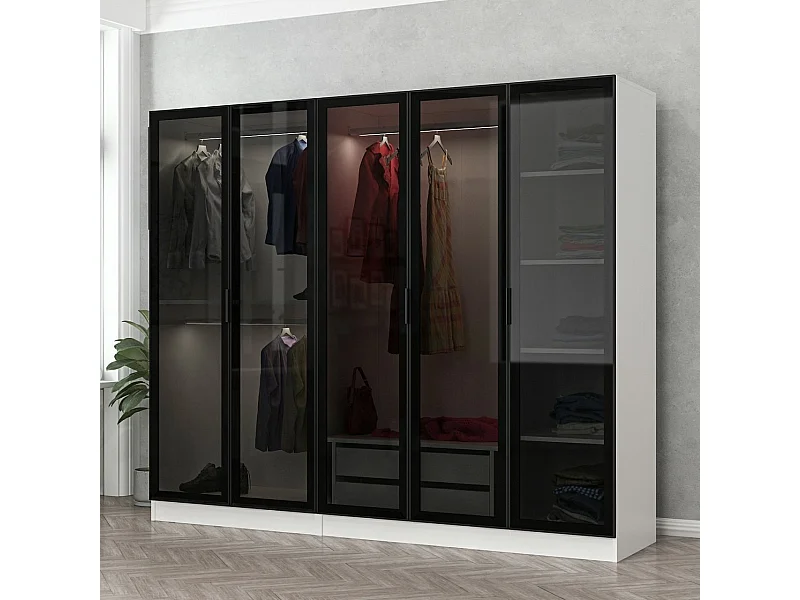 Dressing 5 portes Verre fumé Noir Antipaxos L225xH190cm 3 tringles et 2 tiroirs Blanc