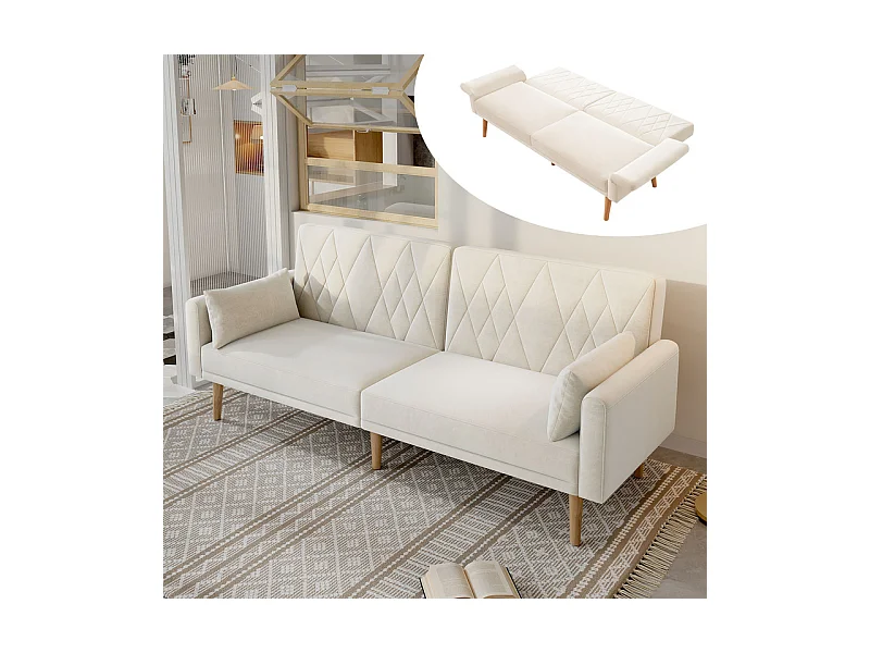 Canapé convertible en velours beige - avec 2 oreillers - réglable de accoudoirs et dossier - pieds en bois massif - 180x75x82cm