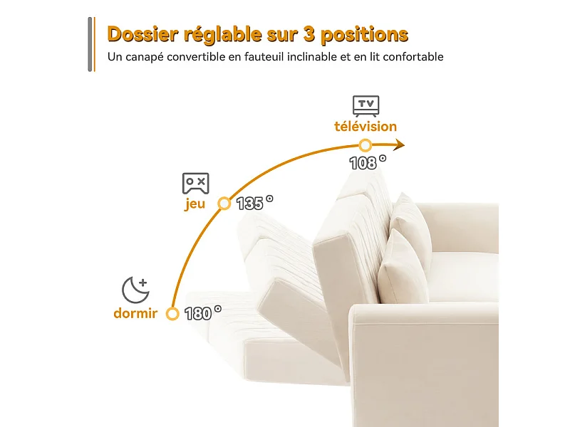 Schlafsofa aus beigem Samt - mit 2 Kissen - verstellbare Armlehnen und Rückenlehne - Massivholzfüße - 180x75x82cm