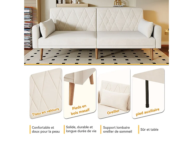 Schlafsofa aus beigem Samt - mit 2 Kissen - verstellbare Armlehnen und Rückenlehne - Massivholzfüße - 180x75x82cm