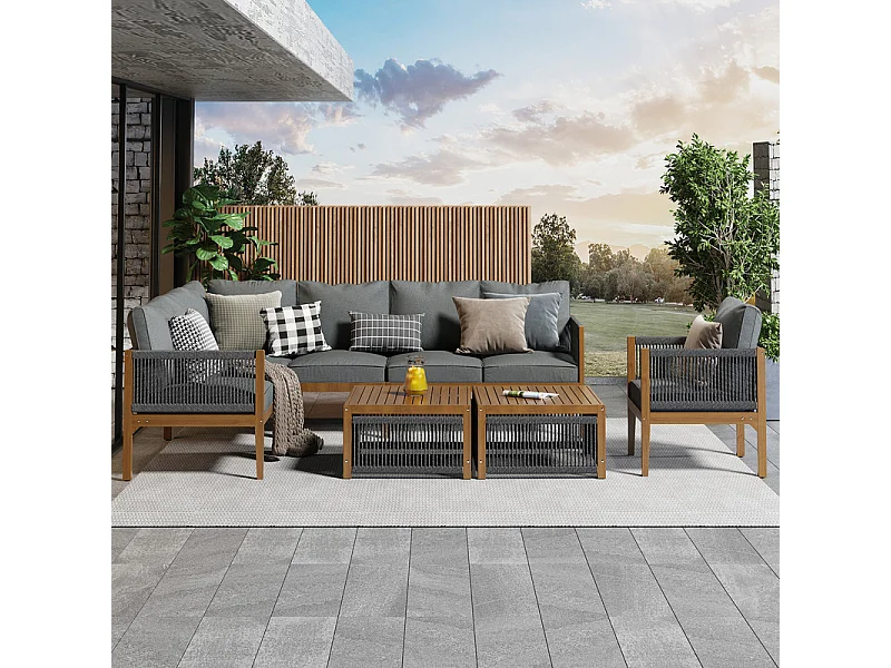 Tuinmeubilair van acaciahout - voor 7-8 personen - 2 salontafels, L-vormige bank en fauteuil - Natuur en Grijs