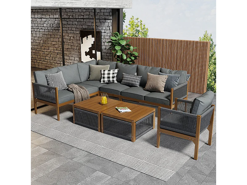 Tuinmeubilair van acaciahout - voor 7-8 personen - 2 salontafels, L-vormige bank en fauteuil - Natuur en Grijs