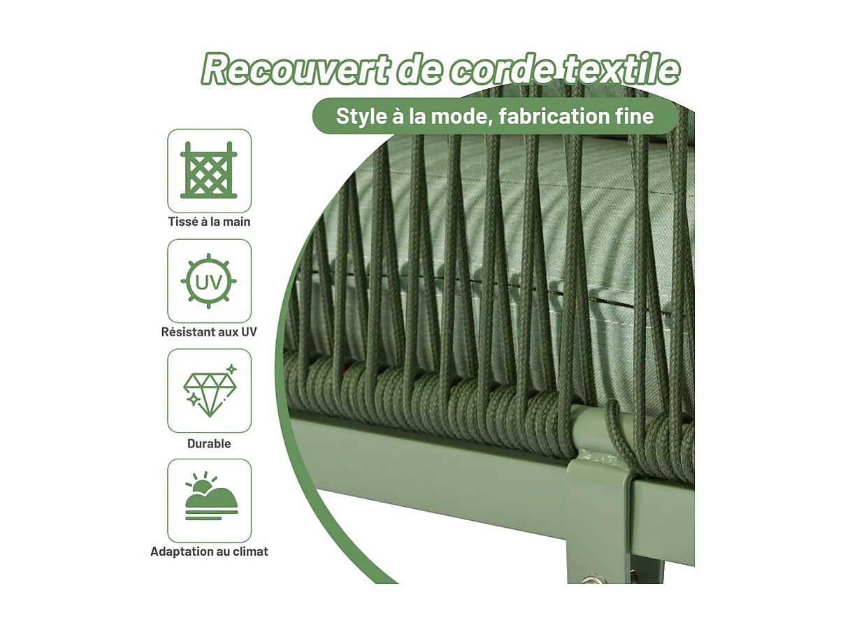 Salon de jardin en fer et en corde, avec coussins de siège, pieds réglables, 2 canapés et 1 table basse, Vert