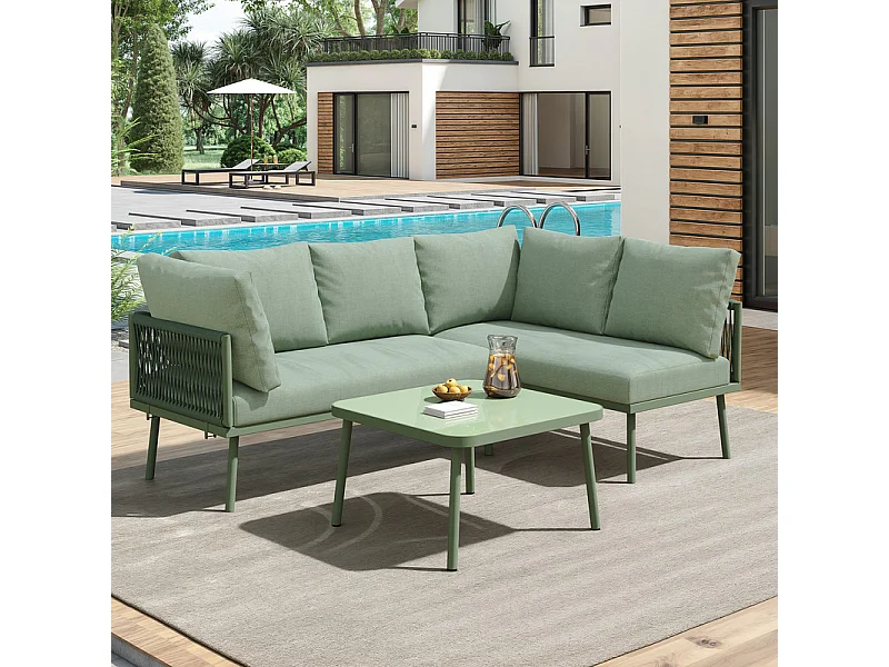 Salon de jardin en fer et en corde, avec coussins de siège, pieds réglables, 2 canapés et 1 table basse, Vert