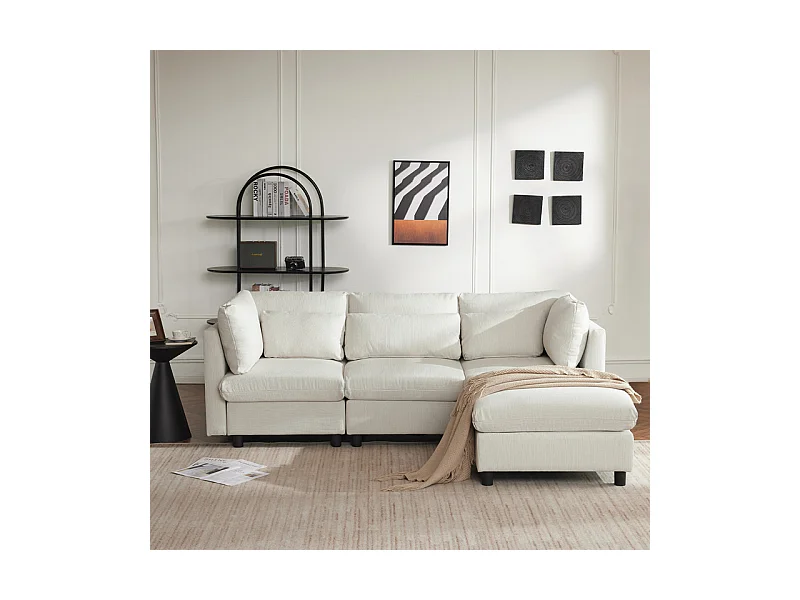 Divano 3 posti in tessuto lino, con pouf, 3 cuscini lombari e 2 cuscini, 220x83x81cm, Beige