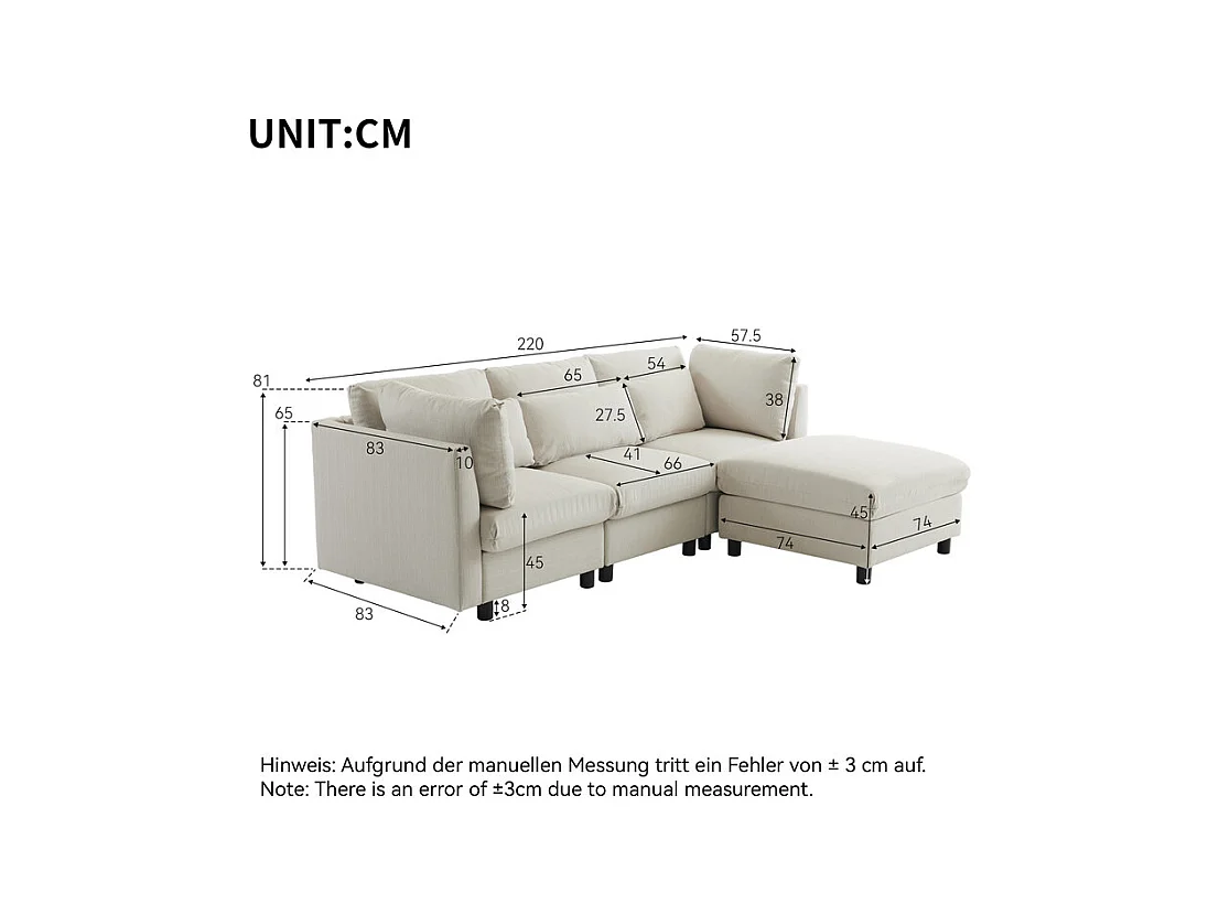 Divano 3 posti in tessuto lino, con pouf, 3 cuscini lombari e 2 cuscini, 220x83x81cm, Beige