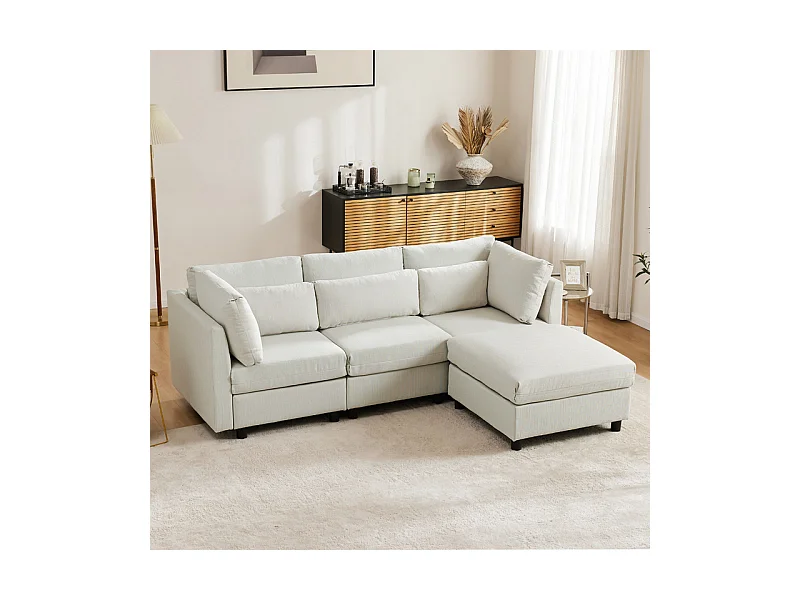 Divano 3 posti in tessuto lino, con pouf, 3 cuscini lombari e 2 cuscini, 220x83x81cm, Beige