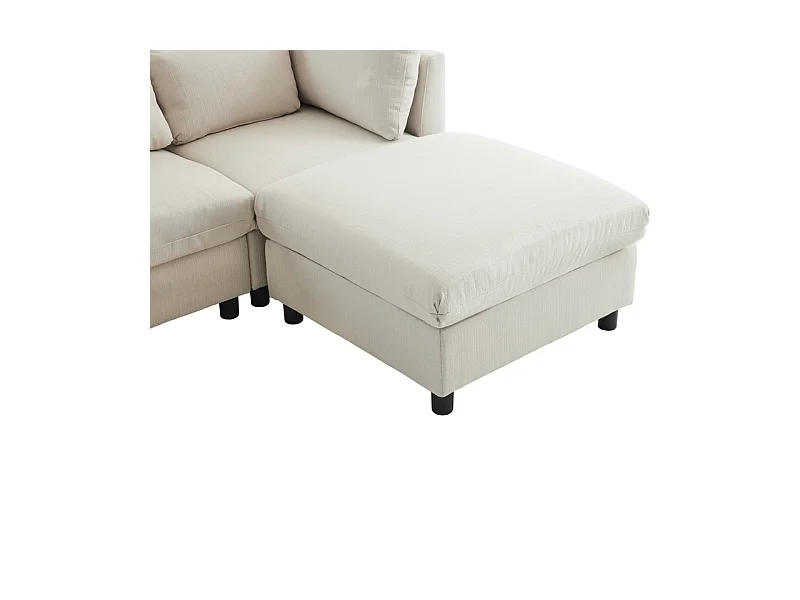 Divano 3 posti in tessuto lino, con pouf, 3 cuscini lombari e 2 cuscini, 220x83x81cm, Beige