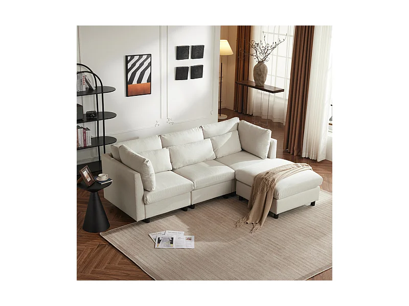 3-Sitzer-Sofa aus Leinenstoff, mit Pouf, 3 Lendenkissen und 2 Kissen, 220x83x81cm, Beige