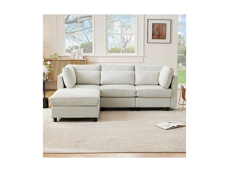 3-Sitzer-Sofa aus Leinenstoff, mit Pouf, 3 Lendenkissen und 2 Kissen, 220x83x81cm, Beige