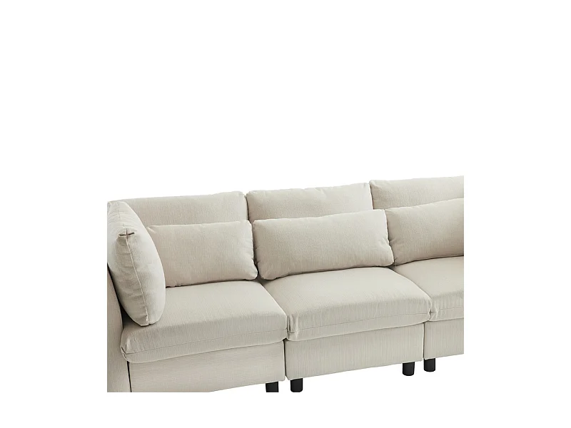 3-Sitzer-Sofa aus Leinenstoff, mit Pouf, 3 Lendenkissen und 2 Kissen, 220x83x81cm, Beige