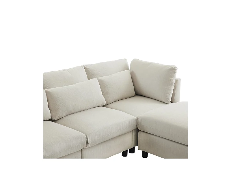 3-Sitzer-Sofa aus Leinenstoff, mit Pouf, 3 Lendenkissen und 2 Kissen, 220x83x81cm, Beige