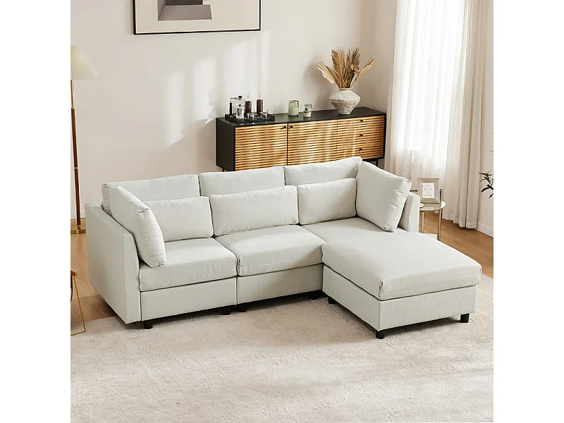 Canapé 3 places en tissu lin, avec pouf, 3 oreillers lombaires et 2 oreillers, 220x83x81cm, Beige