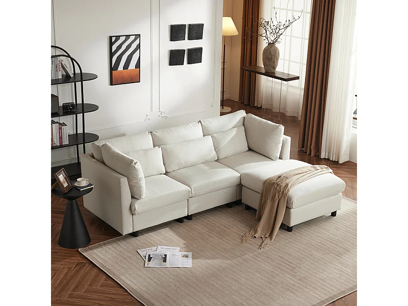 Canapé 3 places en tissu lin, avec pouf, 3 oreillers lombaires et 2 oreillers, 220x83x81cm, Beige