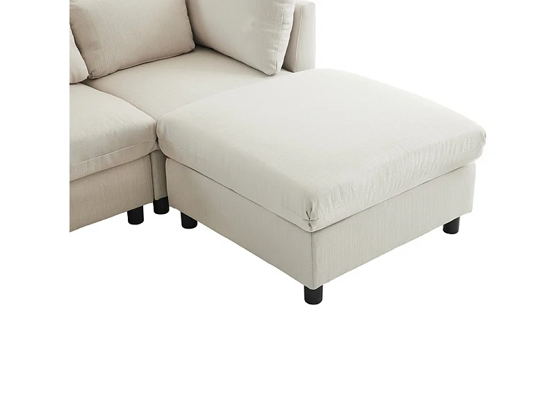 Canapé 3 places en tissu lin, avec pouf, 3 oreillers lombaires et 2 oreillers, 220x83x81cm, Beige