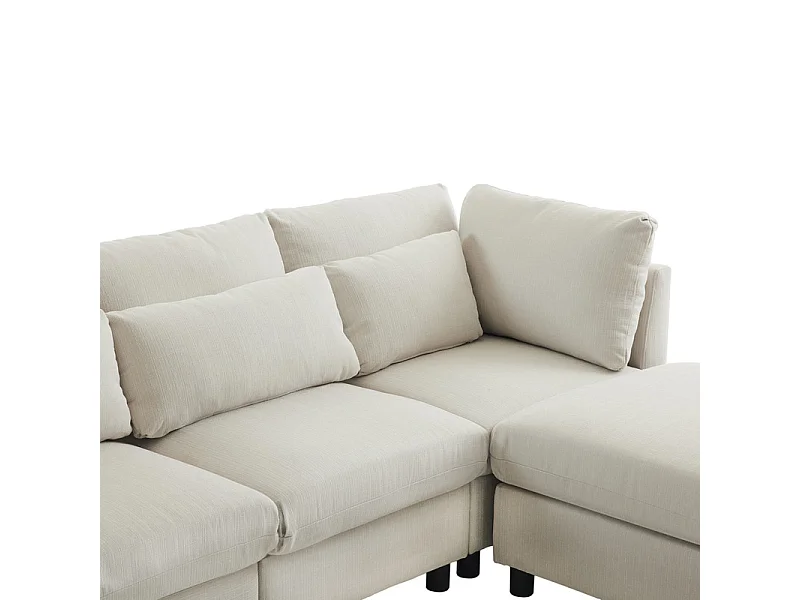 Canapé 3 places en tissu lin, avec pouf, 3 oreillers lombaires et 2 oreillers, 220x83x81cm, Beige