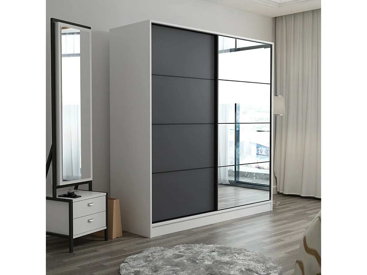 Dressing Carina Blanc L180xH190cm avec 2 portes coulissantes Miroir à droite et Anthracite